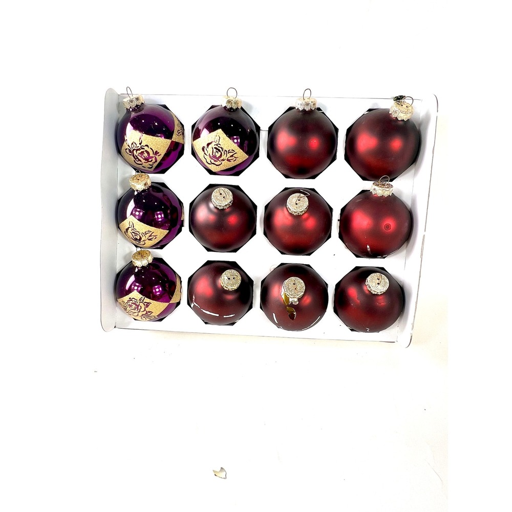 Vintage Glass Christmas Ornaments Set 12 Purple Gold Rose Burgundy Red Matte